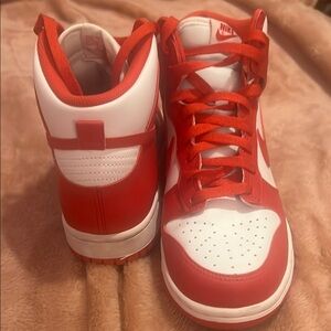 Nike red and white dunk high (gs) 7y fits a women’s 8